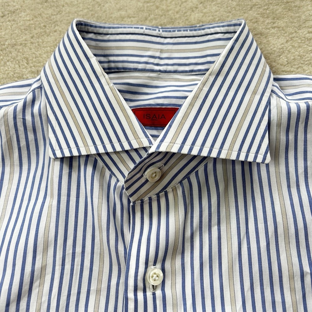 ISAIA Napoli Dress Shirt Mens 16.5 42 Poplin Button Up Lightweight Striped Italy